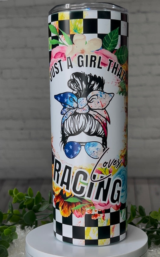 Just A Girl Who Loves Racing 20 oz Skinny Tumbler Matte Finish